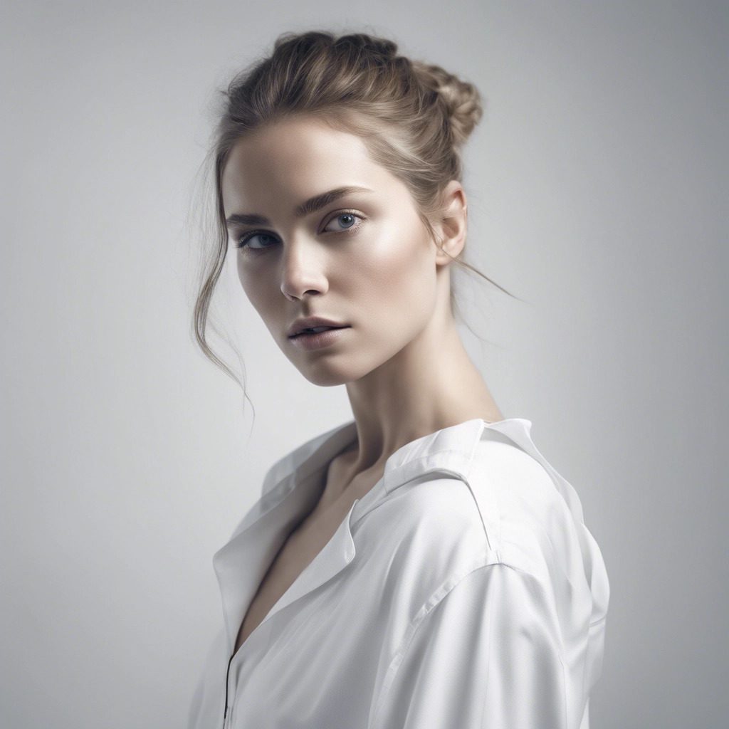 A high-key fashion portrait of a young woman with long brunette hair against a minimalist white background with dramatic lighting, aesthetic, highly detailed, in 8k resolution.
