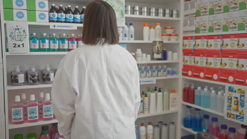 vista-de-trás-uma-farmacêutica-adulta-em-casaco-branco-laboratório-trabalhando-dentro-farmácia-moderna-346227881