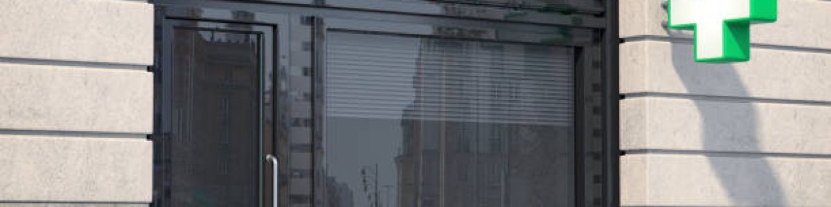 Pharmacy store or drugstore exterior design. 3d illustration